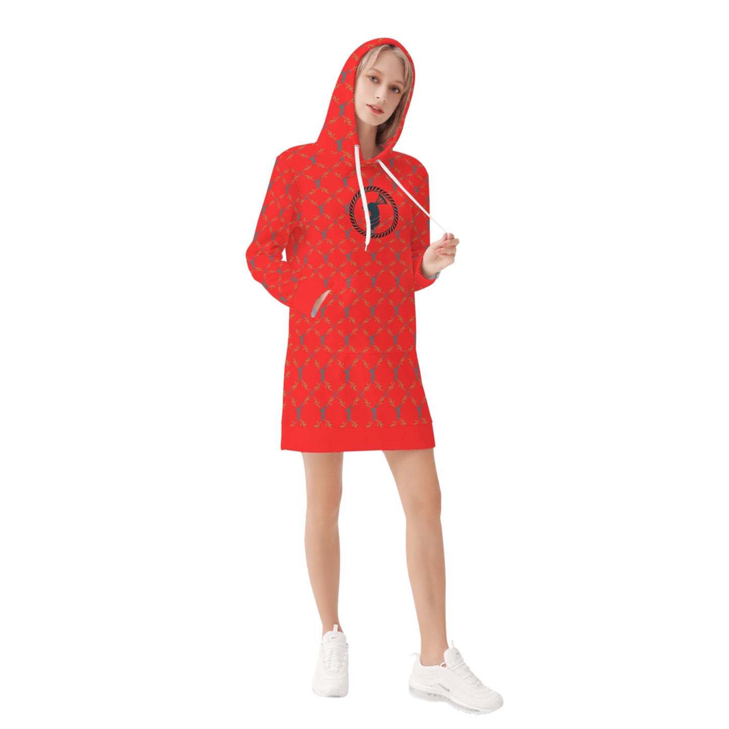 Red Women's Hoodie Dress in cock & skull