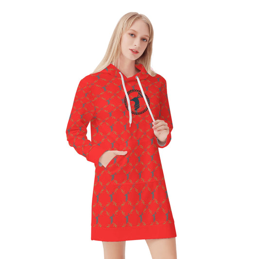 Red Women's Hoodie Dress in cock & skull